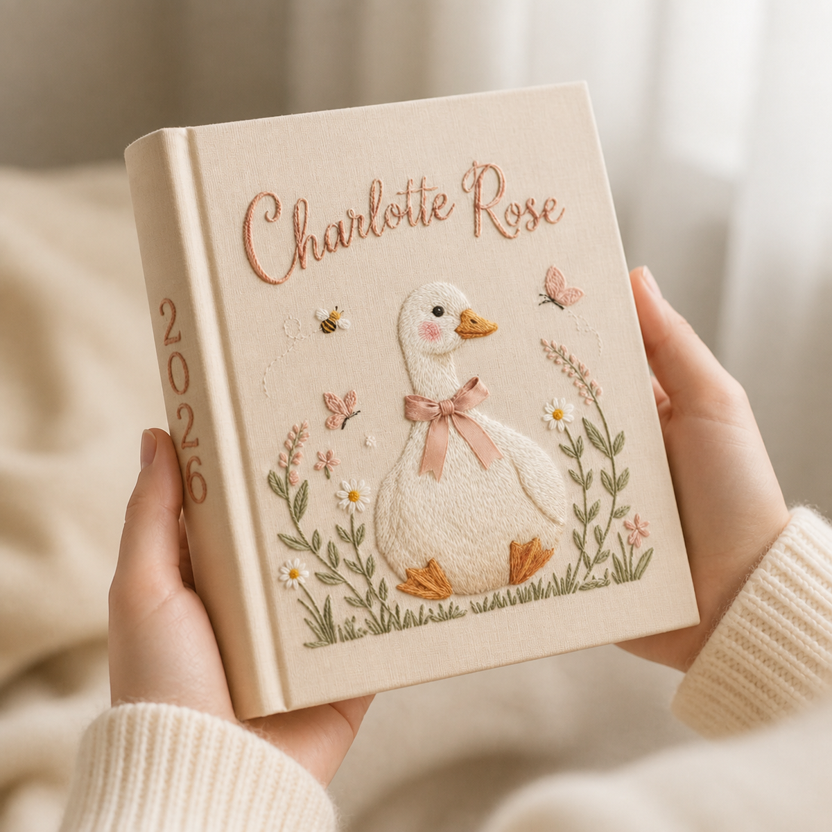 Personalized Baby Photo Album, Hand Embroidered Linen Memory Book With Sleeves