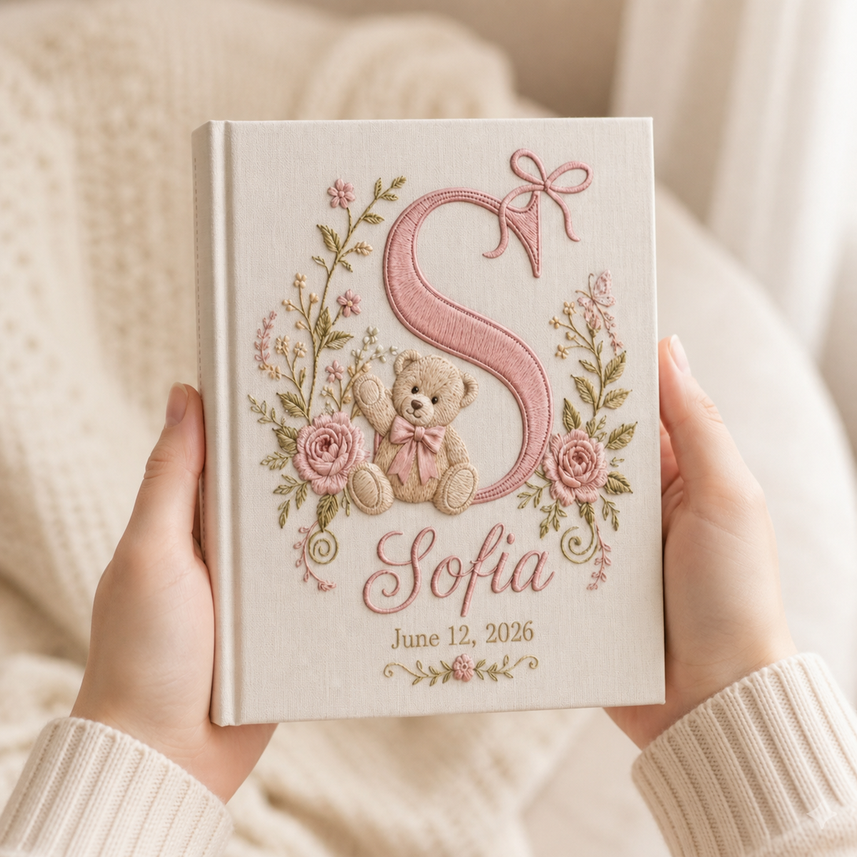 Personalized Baby Photo Album, Embroidered Linen Keepsake, Custom Newborn Gift
