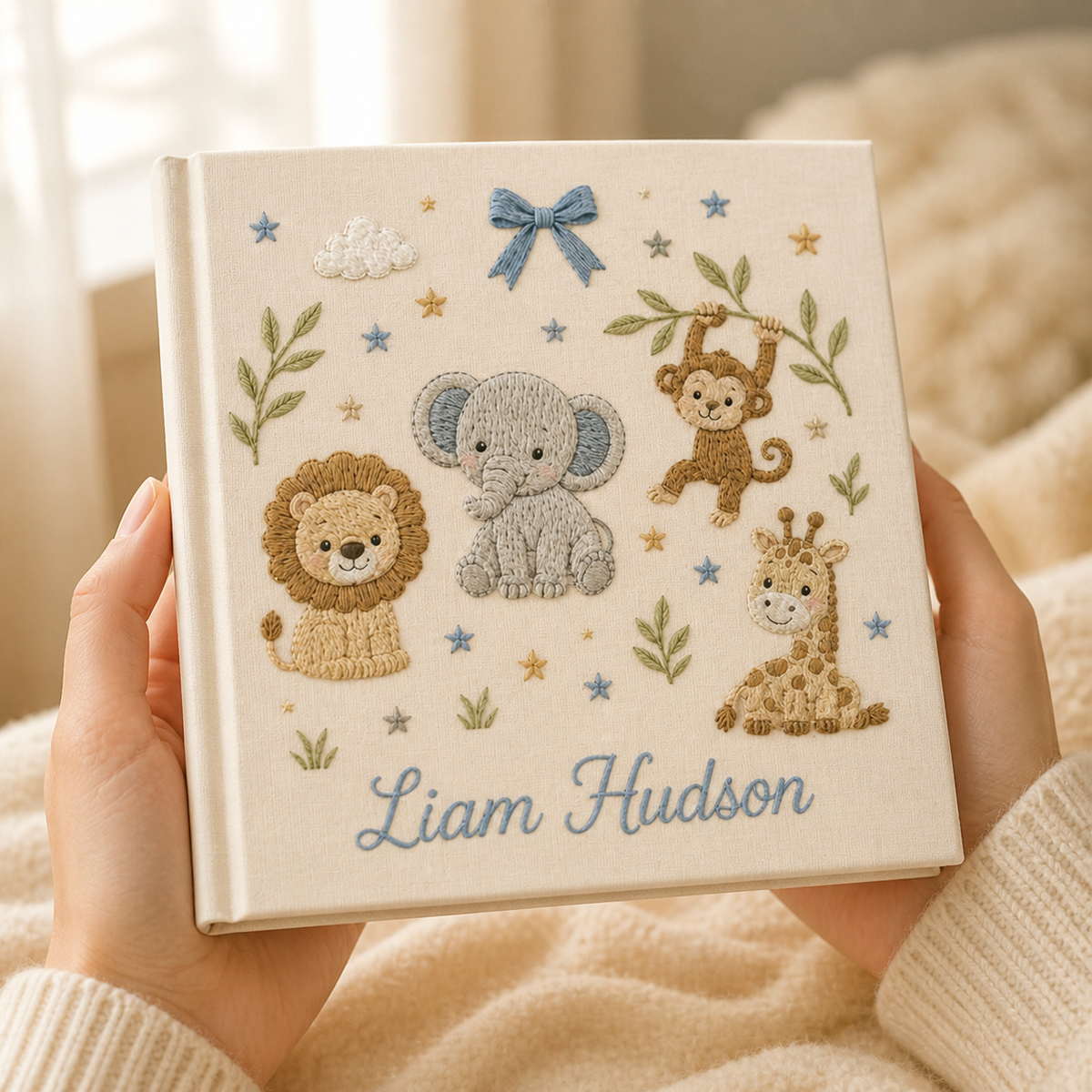 Personalized Baby Photo Album Custom Name Safari Animal Embroidered Memory Book
