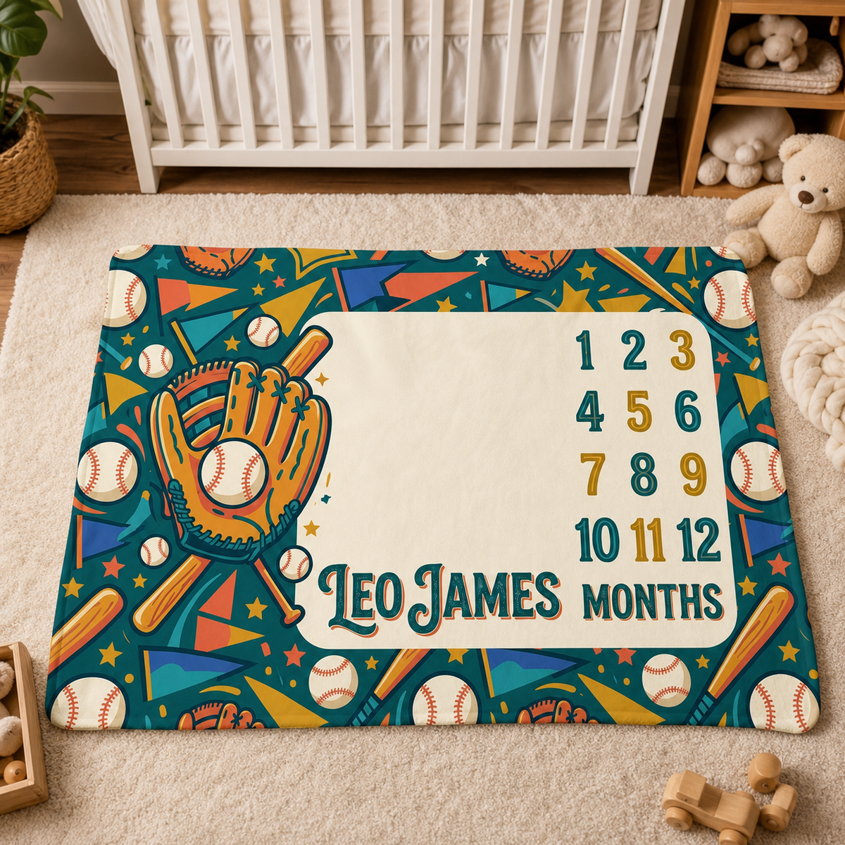Personalized Baseball Milestone Blanket, Monthly Photo Prop For Baby Boy, Baby Shower Gift