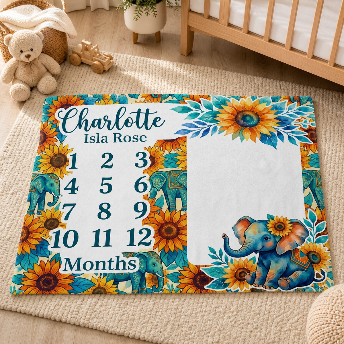 Elephant And Sunflower Blanket, Baby Monthly Milestone Fleece Blanket Chic Floral Gift