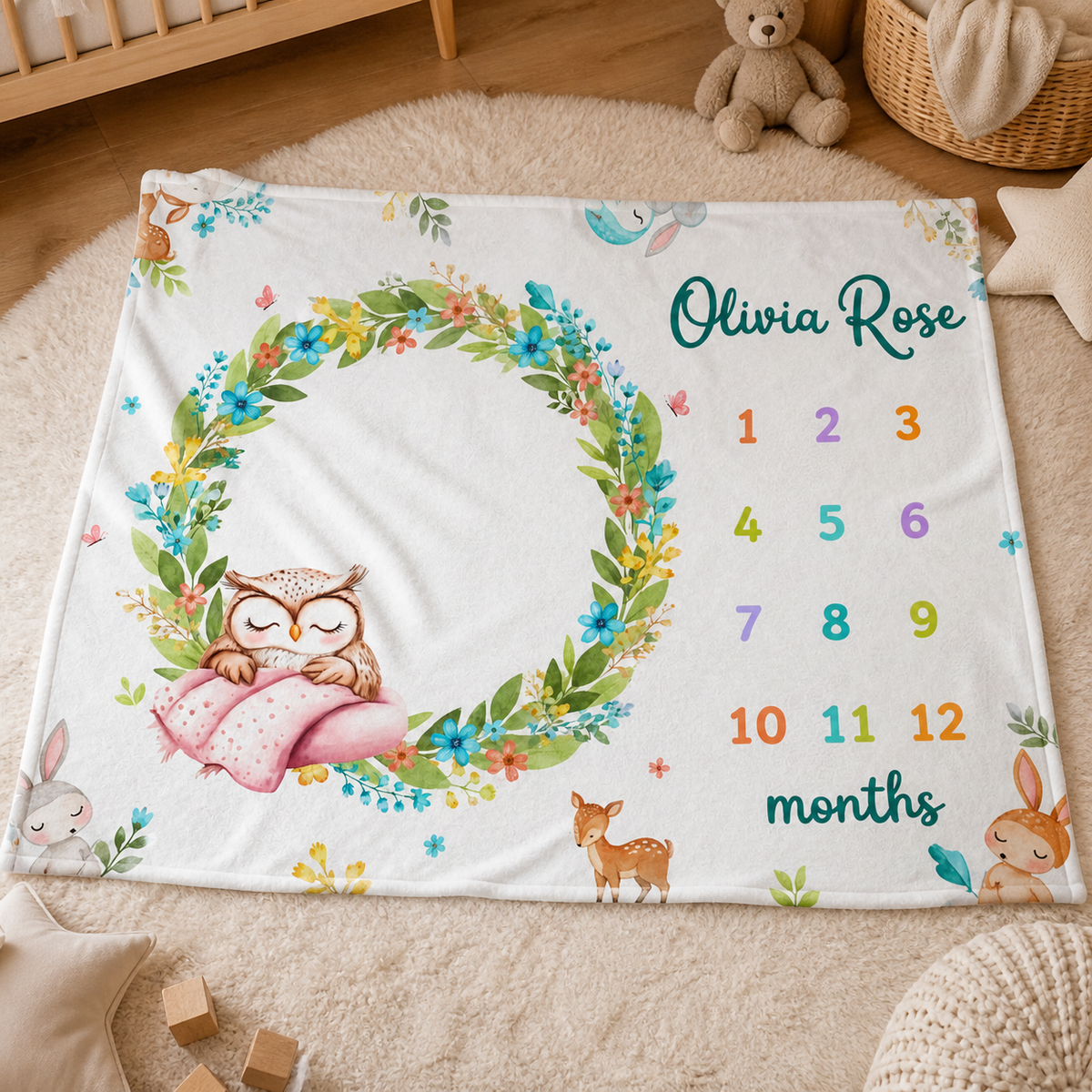 Owl Milestone Blanket, Personalized Baby Girl Month Blanket