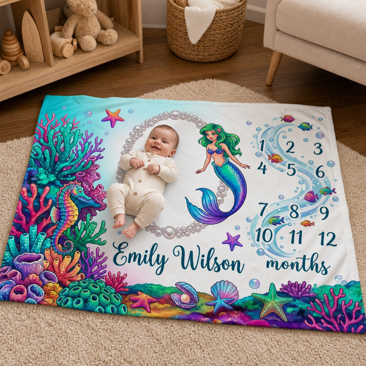 Mermaid Milestone Blanket For Baby Girl Monthly Growth