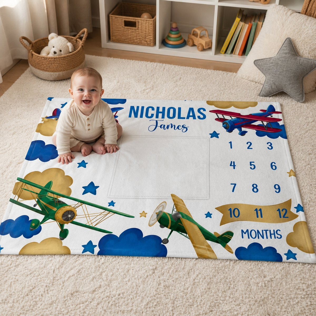 Personalized Airplane Milestone Blanket, Baby Boy Month Blanket, Fleece Blanket