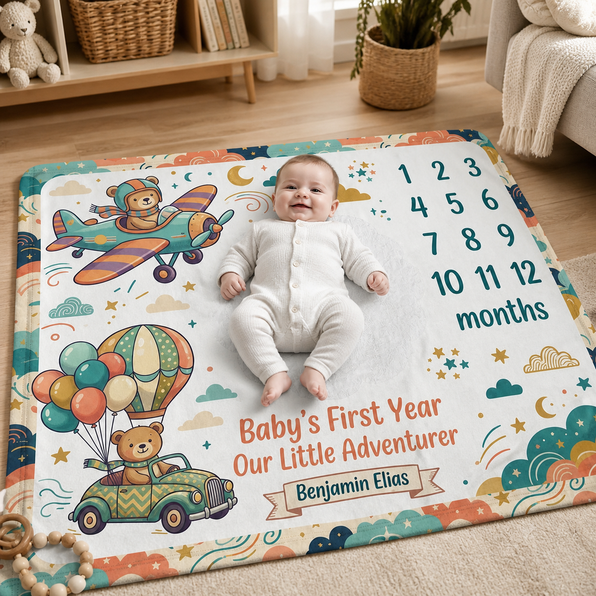 Personalized Name Baby Monthly Blanket, Cute Teddy Bear Pilot & Vintage Car Growth Chart Blanket, Newborn Milestone Blanket