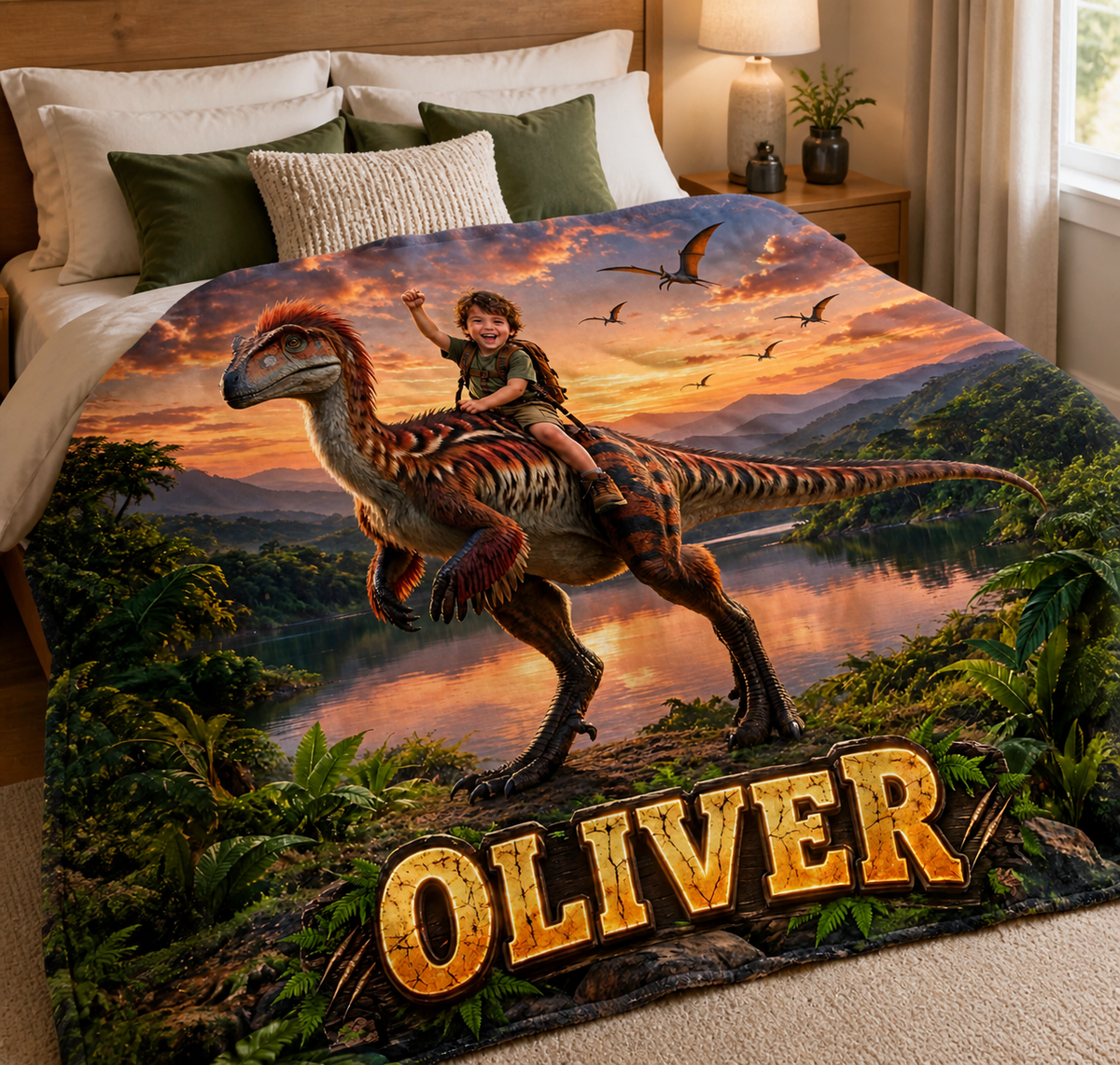 Personalized Dinosaur Blanket Custom Name Feathered Raptor Kids Gift