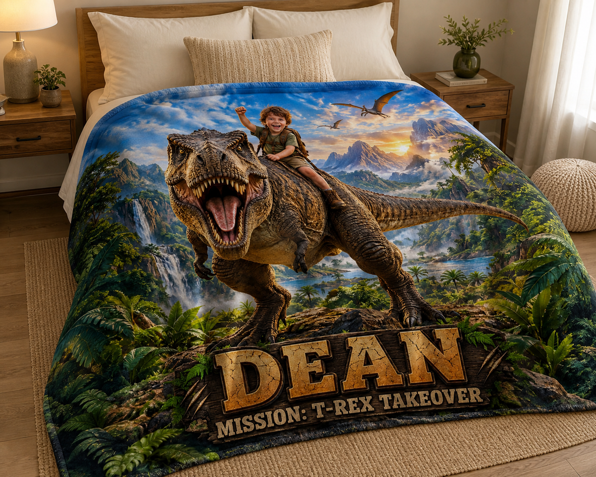 Personalized T Rex Blanket Custom Photo and Name Riding Roaring Dinosaur for Boys