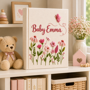 Hand Embroidered Baby Photo Album With Sleeves, Personalized Linen Memory Book, Minimal Floral Keepsake, Newborn Gift, Baby Shower Gift