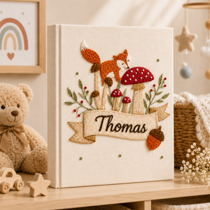 Custom Hand Embroidered Baby Photo Album With Sleeves, Linen Baby Memory Book, Fox Mushroom Woodland Baby Scrapbook Keepsake, Nursery Gift