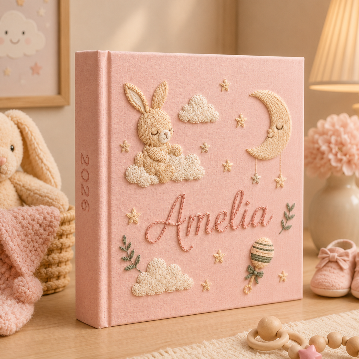 Custom Hand Embroidered Baby Photo Album, Rabbit Embroidered Keepsake Album, Personalized Bunny Memory Book, Newborn Keepsake Gift
