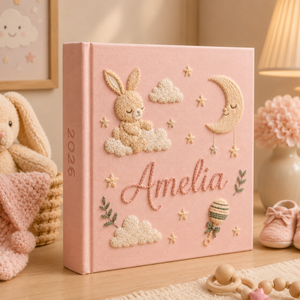 Custom Hand Embroidered Baby Photo Album, Rabbit Embroidered Keepsake Album, Personalized Bunny Memory Book, Newborn Keepsake Gift