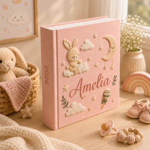 Custom Hand Embroidered Baby Photo Album, Rabbit Embroidered Keepsake Album, Personalized Bunny Memory Book, Newborn Keepsake Gift