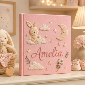 Custom Hand Embroidered Baby Photo Album, Rabbit Embroidered Keepsake Album, Personalized Bunny Memory Book, Newborn Keepsake Gift