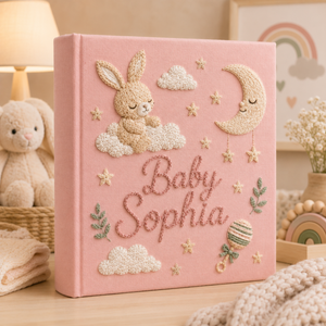 Custom Hand Embroidered Baby Photo Album, Rabbit Embroidered Keepsake Album, Personalized Bunny Memory Book, Newborn Keepsake Gift
