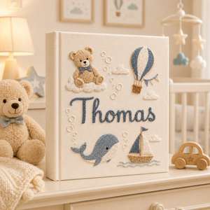 Hand Embroidered Teddy Bear Baby Photo Album, Teddy Bear Hot Air Balloon Whale Memory Book, Linen Keepsake Baby Book, Newborn Gift