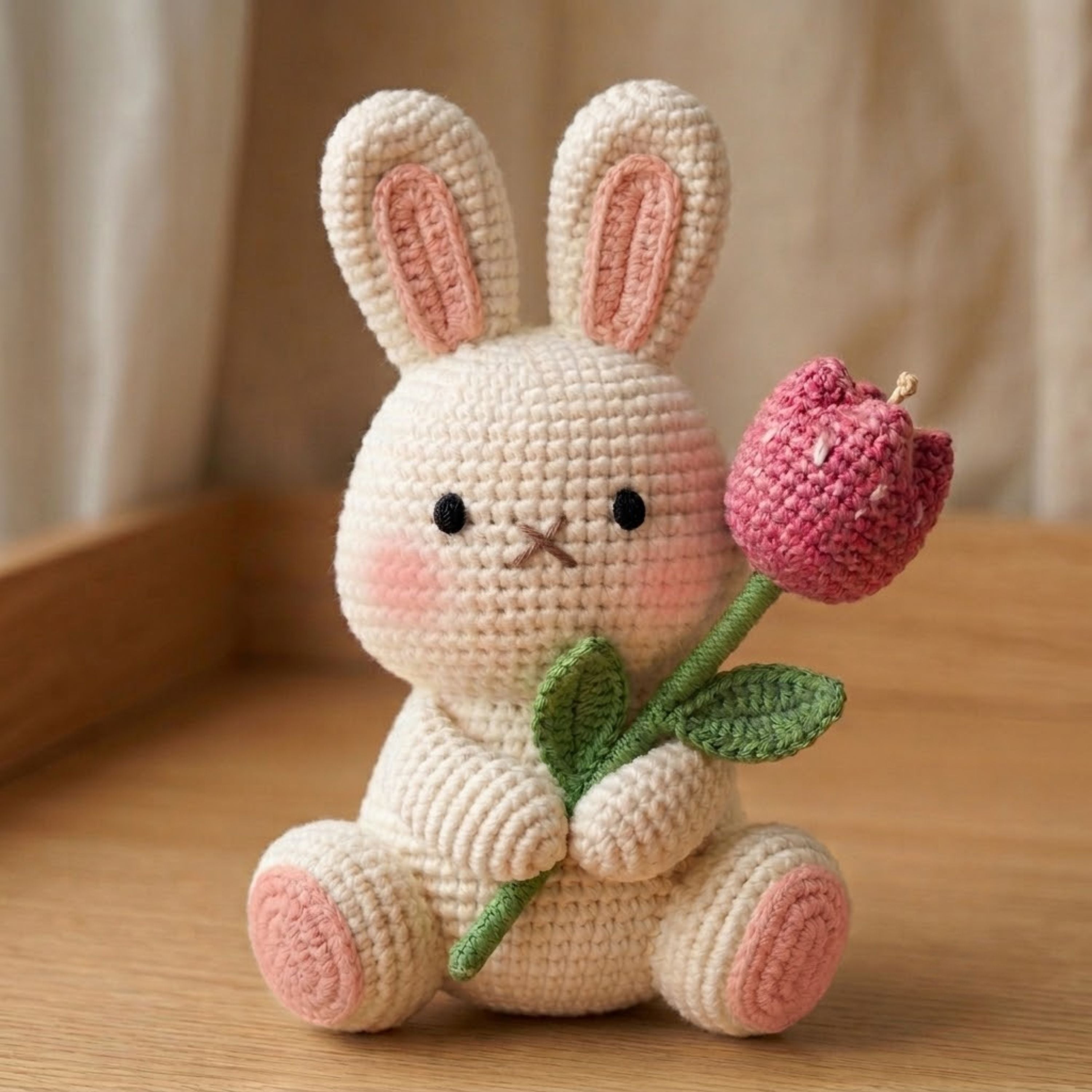 Handmade Crochet Bunny Plush with Flower, Cute Amigurumi Rabbit Toy, Soft Yarn Doll Gift for Kids & Home Decor, Pastel Bunny Stuffed Toy