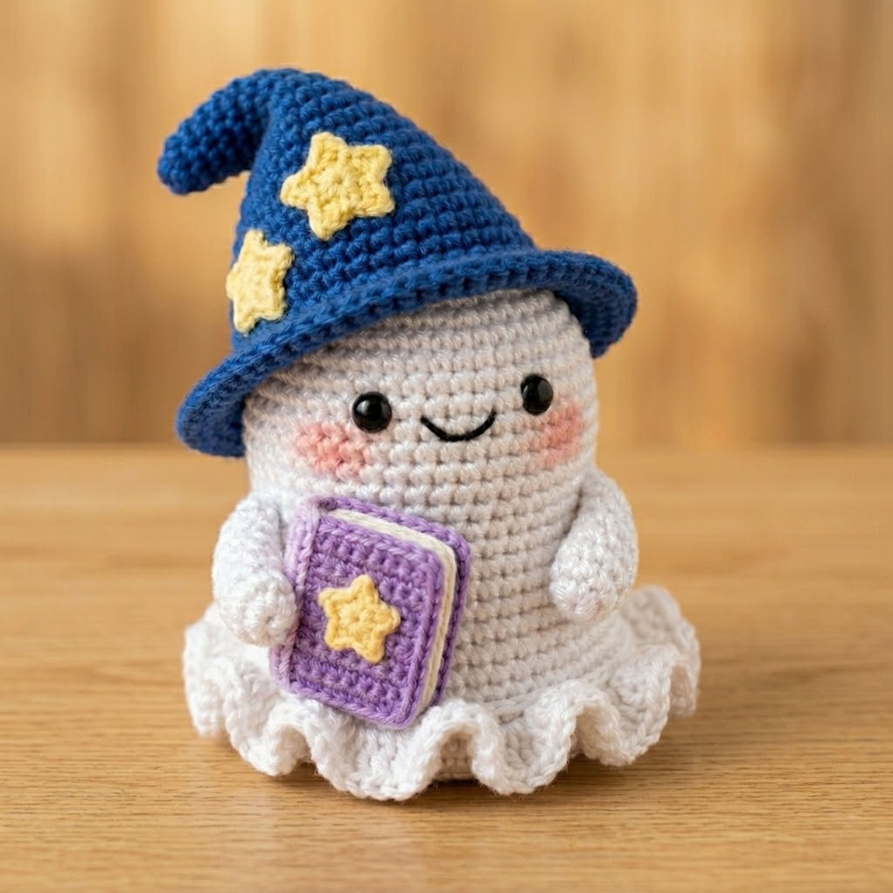 Handmade Crochet Wizard Ghost Plush, Cute Amigurumi Ghost Doll, Halloween Witch Hat Toy, Soft Yarn Boo Gift for Kids Halloween Decor