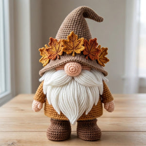 Handmade Crochet Autumn Gnome Plush, Cute Amigurumi Gnome Doll, Fall Leaf Hat Decor, Soft Yarn Elf Gift for Kids Home Decor