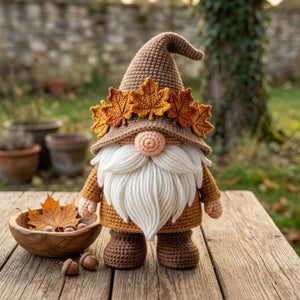 Handmade Crochet Autumn Gnome Plush, Cute Amigurumi Gnome Doll, Fall Leaf Hat Decor, Soft Yarn Elf Gift for Kids Home Decor