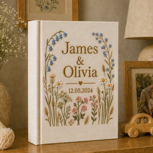 Vintage Wildflower Hand Embroidered Wedding Photo Album With Sleeves, Floral Wedding Keepsake Album, Baby Photo Album, Custom Memory Book