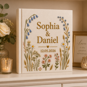 Vintage Wildflower Hand Embroidered Wedding Photo Album With Sleeves, Floral Wedding Keepsake Album, Baby Photo Album, Custom Memory Book