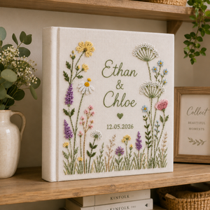 Hand-Embroidered Wildflower Wedding Photo Album, Linen Keepsake Book With Sleeves, Floral Wedding Keepsake Album, Custom Baby Memory Book