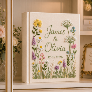 Hand-Embroidered Wildflower Wedding Photo Album, Linen Keepsake Book With Sleeves, Floral Wedding Keepsake Album, Custom Baby Memory Book