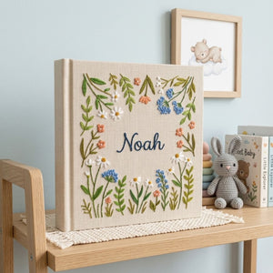 Personalized Baby Photo Album, Hand Embroidered Dinosaur Memory Book, Custom Name Keepsake, Woodland Nursery Gift, Newborn, Baby Shower Gift