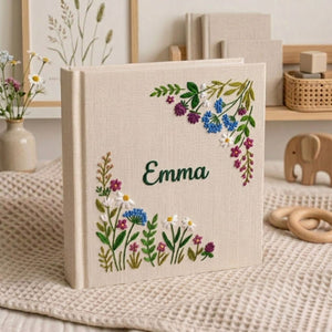 Personalized Baby Photo Album, Hand Embroidered Dinosaur Memory Book, Custom Name Keepsake, Woodland Nursery Gift, Newborn, Baby Shower Gift