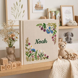 Personalized Baby Photo Album, Hand Embroidered Dinosaur Memory Book, Custom Name Keepsake, Woodland Nursery Gift, Newborn, Baby Shower Gift