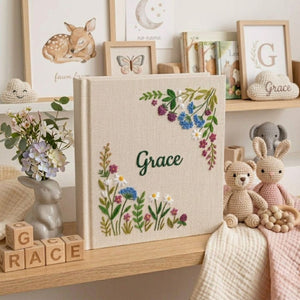 Personalized Baby Photo Album, Hand Embroidered Dinosaur Memory Book, Custom Name Keepsake, Woodland Nursery Gift, Newborn, Baby Shower Gift