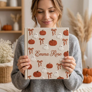 Hand Embroidered Baby Photo Album, Personalized Baby Memory Book, Custom Name Linen Album, Pumpkin Ghost Halloween Nursery Gift, Baby Keepsake