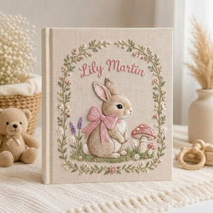 Hand Embroidered Baby Photo Album, Personalized Bunny Memory Book, Custom Name Linen Keepsake, Woodland Nursery Baby Shower Gift