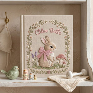 Hand Embroidered Baby Photo Album, Personalized Bunny Memory Book, Custom Name Linen Keepsake, Woodland Nursery Baby Shower Gift
