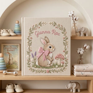 Hand Embroidered Baby Photo Album, Personalized Bunny Memory Book, Custom Name Linen Keepsake, Woodland Nursery Baby Shower Gift