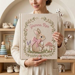 Hand Embroidered Baby Photo Album, Personalized Bunny Memory Book, Custom Name Linen Keepsake, Woodland Nursery Baby Shower Gift