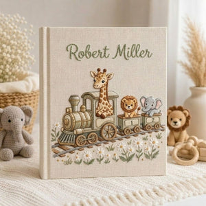 Hand Embroidered Baby Photo Album, Personalized Safari Baby Memory Book, Custom Name Linen Keepsake, Animal Train Nursery Gift