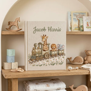 Hand Embroidered Baby Photo Album, Personalized Safari Baby Memory Book, Custom Name Linen Keepsake, Animal Train Nursery Gift