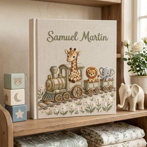 Hand Embroidered Baby Photo Album, Personalized Safari Baby Memory Book, Custom Name Linen Keepsake, Animal Train Nursery Gift