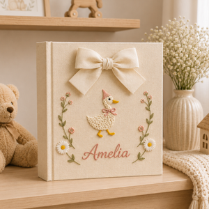 Personalized Floral Goose Baby Embroidered Photo Album, Custom Hand Embroidered Keepsake Album, Linen Memory Book, Girl Nursery Album