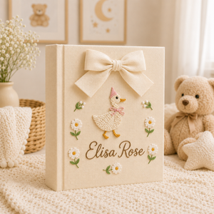 Personalized Floral Goose Baby Embroidered Photo Album, Custom Hand Embroidered Keepsake Album, Linen Memory Book, Girl Nursery Album