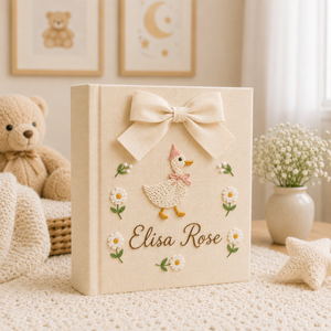Personalized Floral Goose Baby Embroidered Photo Album, Custom Hand Embroidered Keepsake Album, Linen Memory Book, Girl Nursery Album