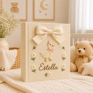 Personalized Floral Goose Baby Embroidered Photo Album, Custom Hand Embroidered Keepsake Album, Linen Memory Book, Girl Nursery Album