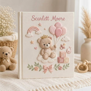 Hand Embroidered Baby Photo Album, Personalized Teddy Bear Memory Book, Custom Name Baby Girl Keepsake, Princess Nursery Gift