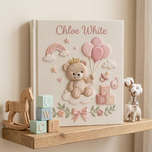 Hand Embroidered Baby Photo Album, Personalized Teddy Bear Memory Book, Custom Name Baby Girl Keepsake, Princess Nursery Gift