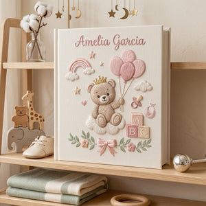 Hand Embroidered Baby Photo Album, Personalized Teddy Bear Memory Book, Custom Name Baby Girl Keepsake, Princess Nursery Gift