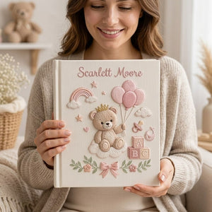 Hand Embroidered Baby Photo Album, Personalized Teddy Bear Memory Book, Custom Name Baby Girl Keepsake, Princess Nursery Gift
