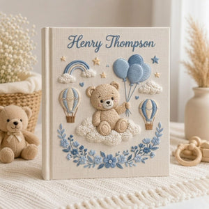 Hand Embroidered Baby Photo Album, Personalized Teddy Bear Memory Book, Custom Name Baby Boy Keepsake, Hot Air Balloon Nursery Gift