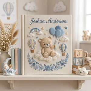 Hand Embroidered Baby Photo Album, Personalized Teddy Bear Memory Book, Custom Name Baby Boy Keepsake, Hot Air Balloon Nursery Gift