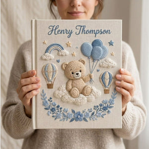 Hand Embroidered Baby Photo Album, Personalized Teddy Bear Memory Book, Custom Name Baby Boy Keepsake, Hot Air Balloon Nursery Gift